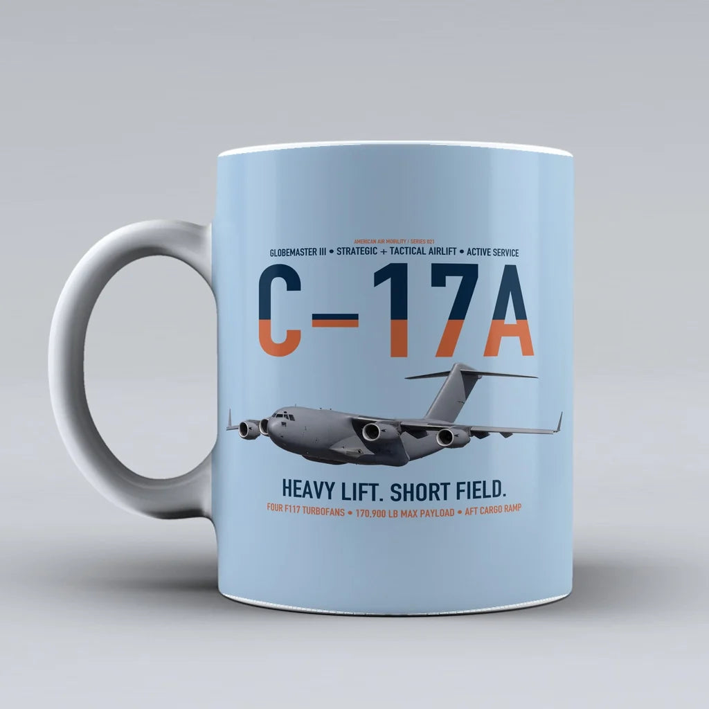 C-17A Globemaster III design on light blue ceramic mug, double-side print