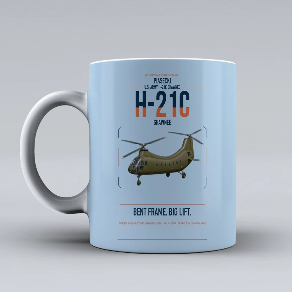 Piasecki H-21C Shawnee design on light blue ceramic mug, double-side print