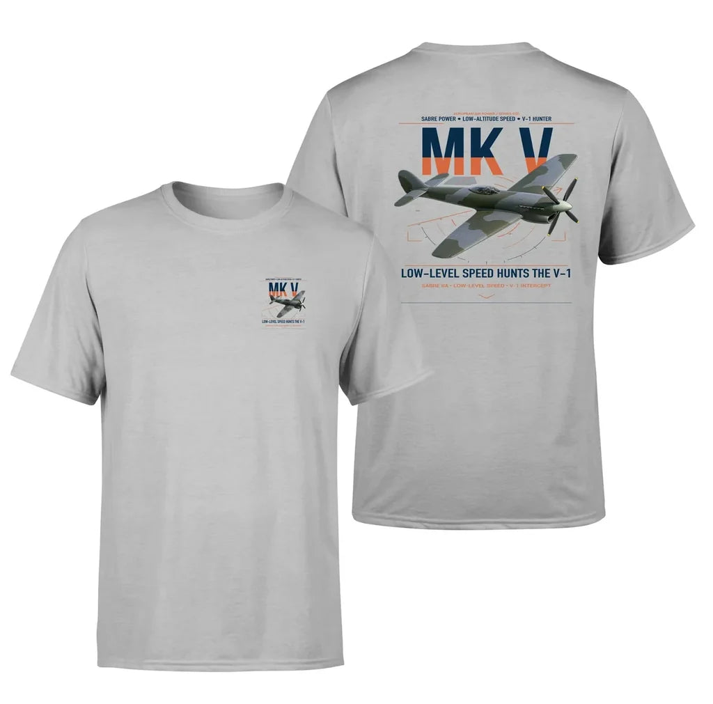 Hawker Tempest Mk V design on light gray t-shirt, double-side print