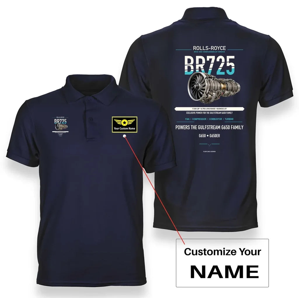 BR725 design on navy blue polo with custom name badge