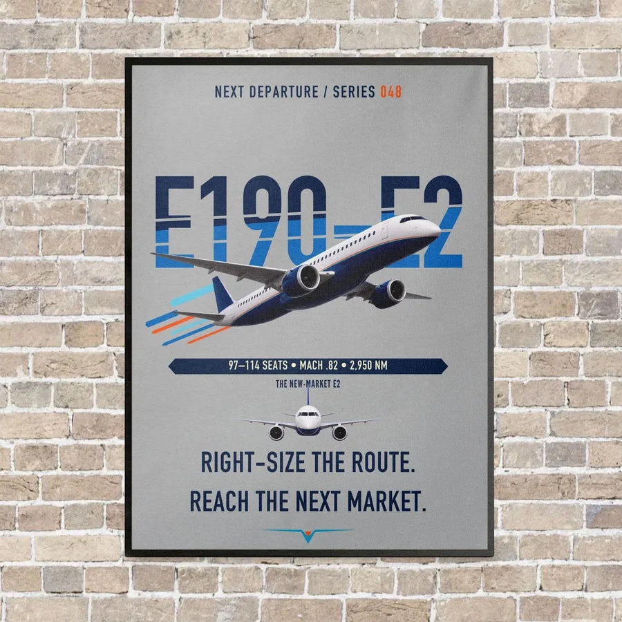 Embraer E190-E2 vertical canvas print - framed - light gray background