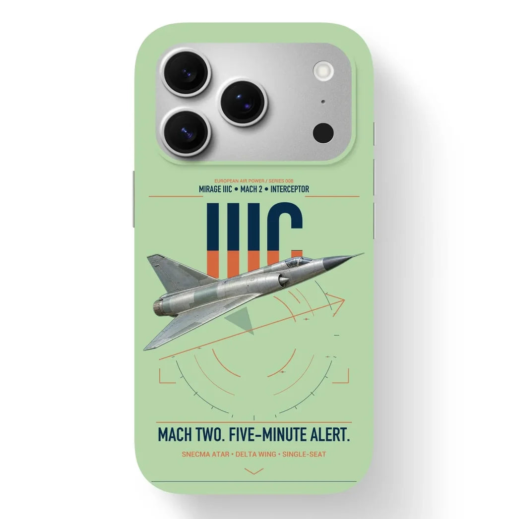 Dassault Mirage IIIC design on light green magsafe iphone case, for iPhone 17 Pro