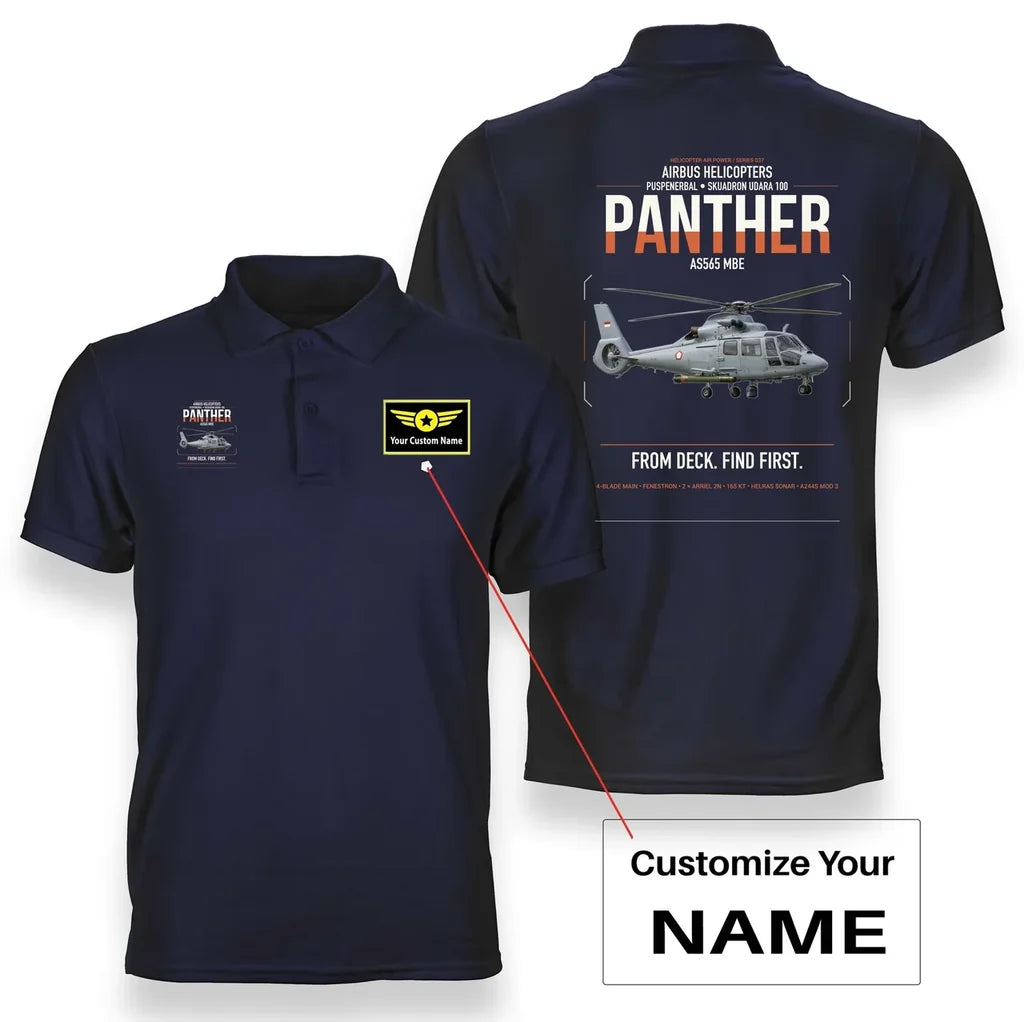 Airbus Helicopters AS565 MBe Panther design on navy blue+name double-side polo t-shirt, double-side print