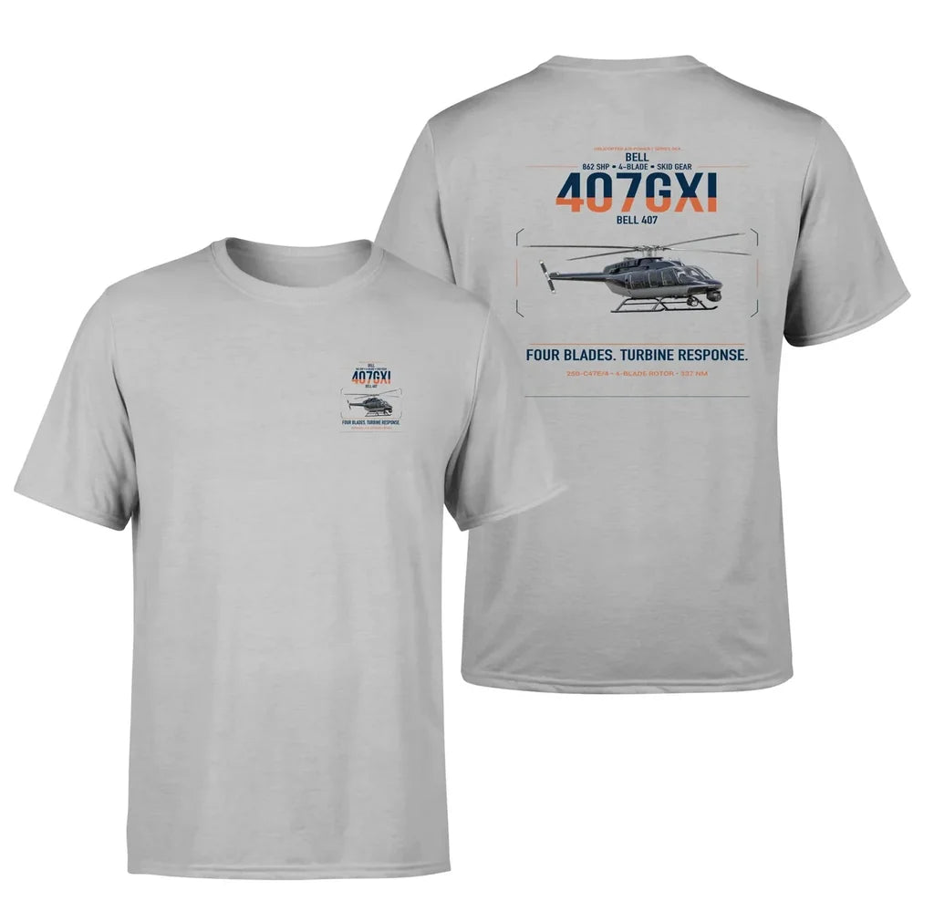 Bell 407GXi design on light gray t-shirt, double-side print