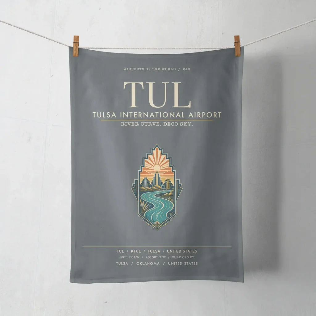 Tulsa International Airport (TUL) design on gray towel