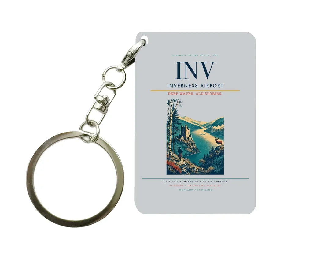 Inverness Airport (INV) design on light gray key chain