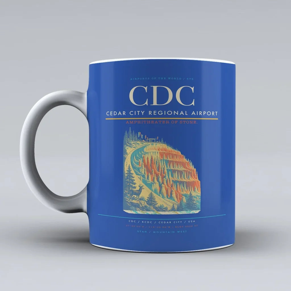 Cedar City Regional Airport (CDC) airport code design on blue ceramic mug
