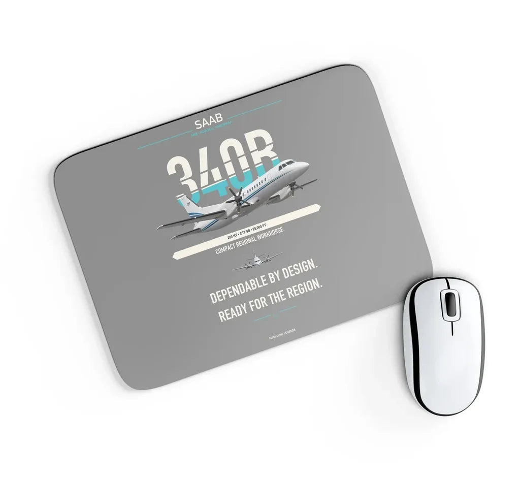 Saab 340B design on gray rectangle mouse pad