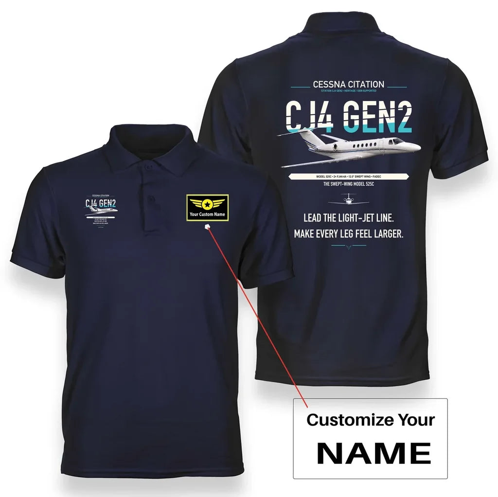 Cessna Citation CJ4 Gen2 design on navy blue+name double-side polo t-shirt, double-side print