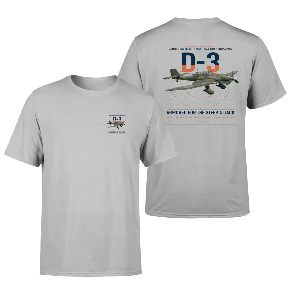 Junkers Ju 87D-3 design on light gray t-shirt, double-side print