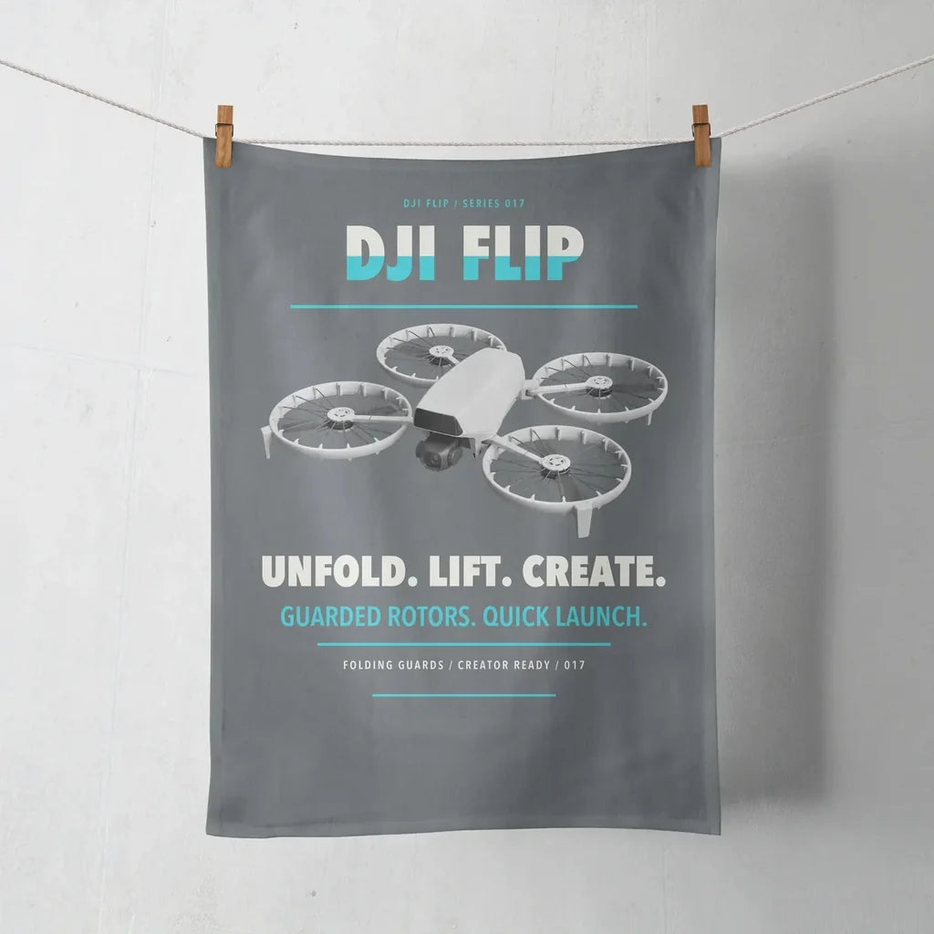 DJI Flip design on gray towel