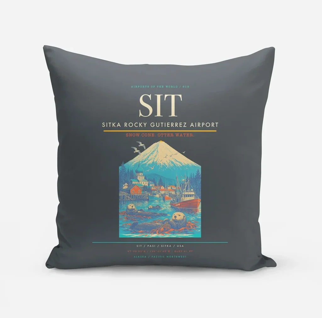Sitka Rocky Gutierrez Airport (SIT) design on gray pillow