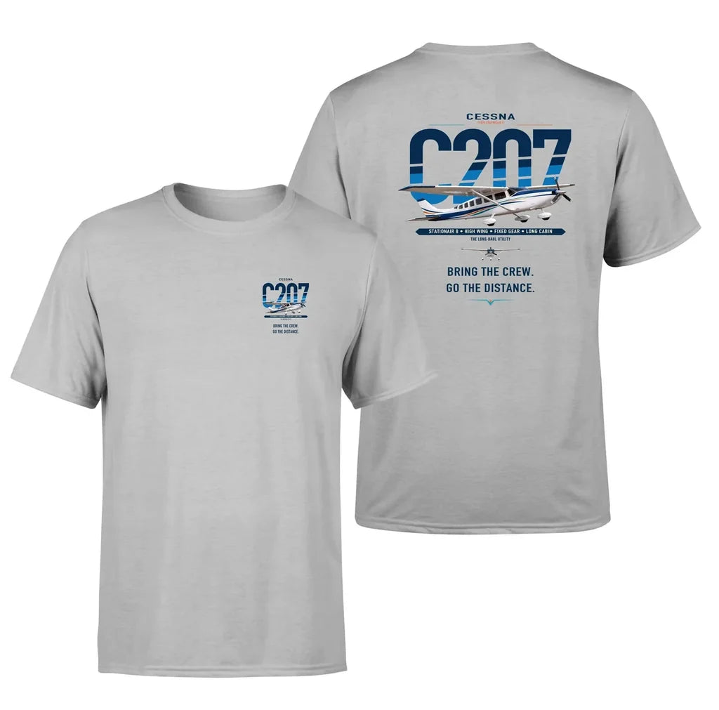 Cessna T207A Stationair 8 design on light gray t-shirt, double-side print