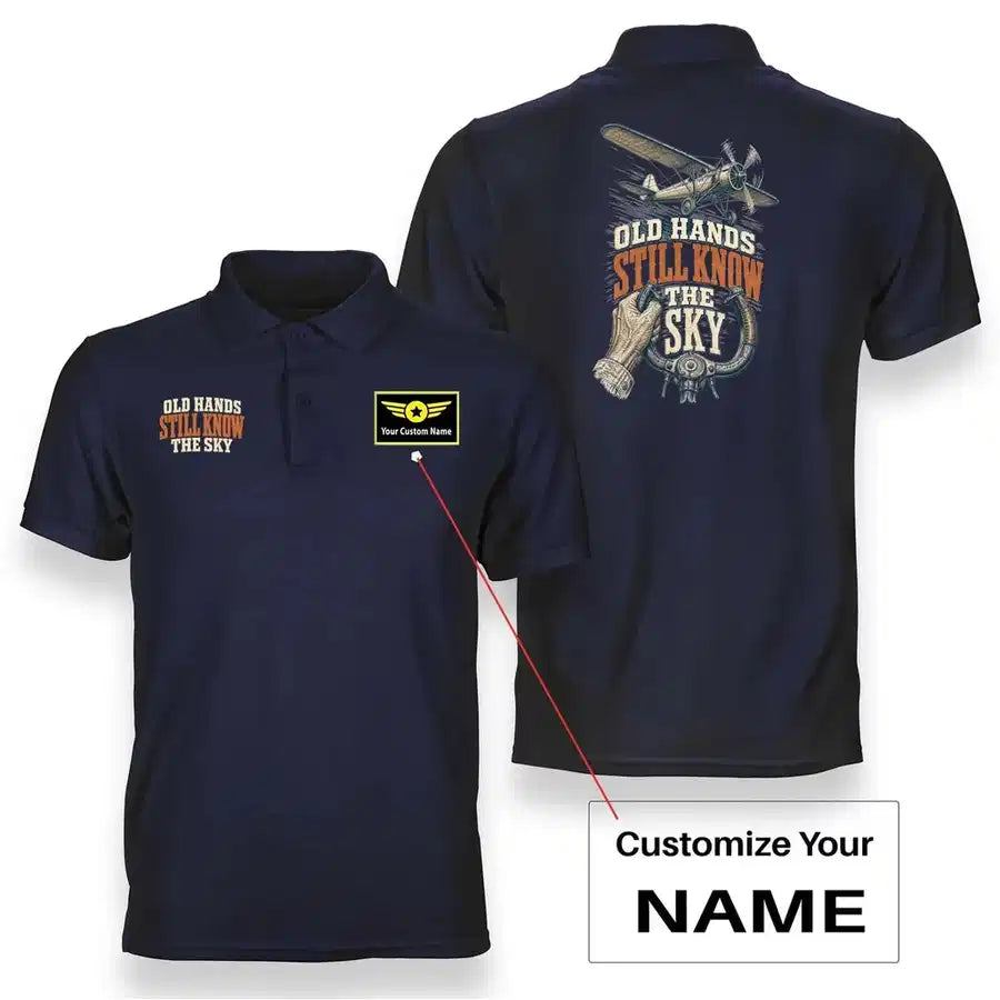 SIGNAL 632 - Old Hands Still Know The Sky - Double-Side Polo design on navy blue double side polo with custom name badge