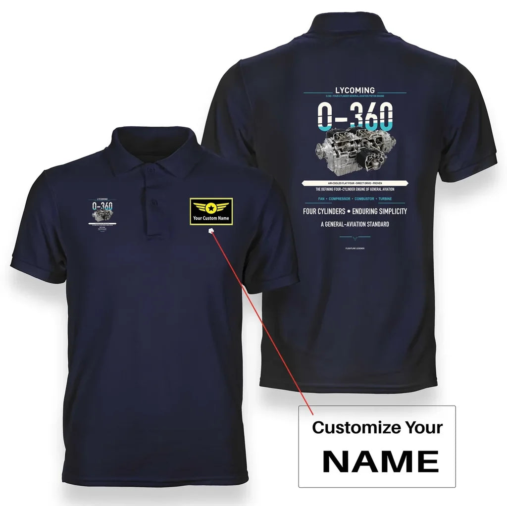 O-360 design on navy blue polo with custom name badge
