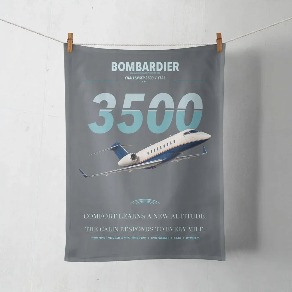 Bombardier Challenger 3500 design on gray towel