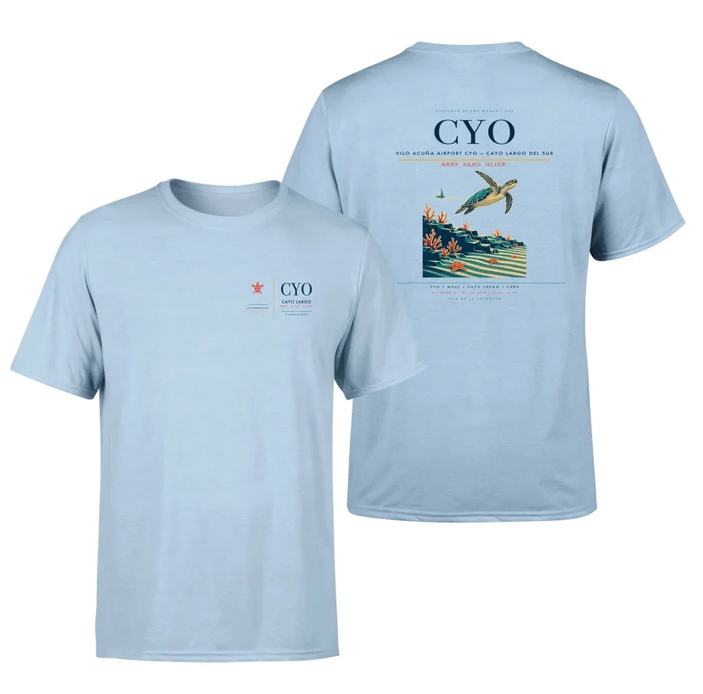 Vilo Acuña Airport (CYO) design printed on light blue double-side t-shirt