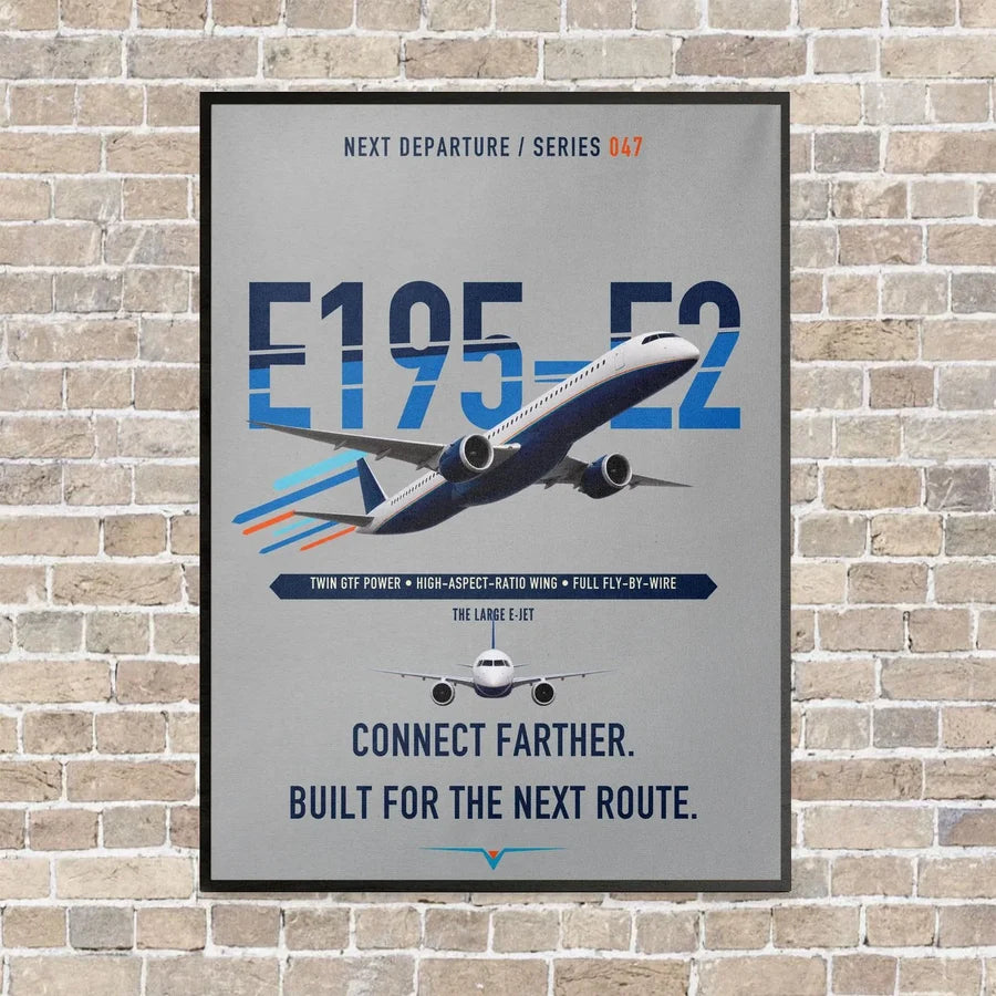 Embraer E195-E2 vertical canvas print - framed - light gray background