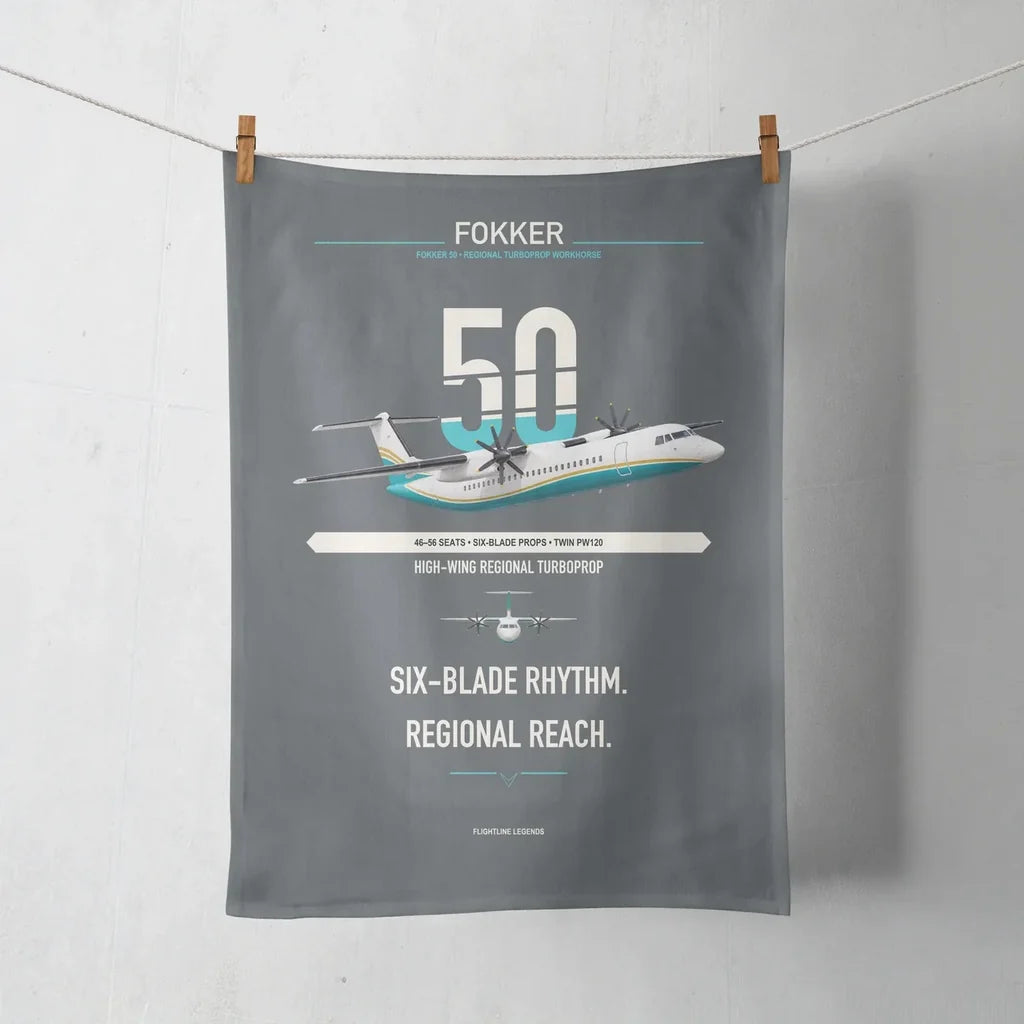Fokker 50 design on gray towel