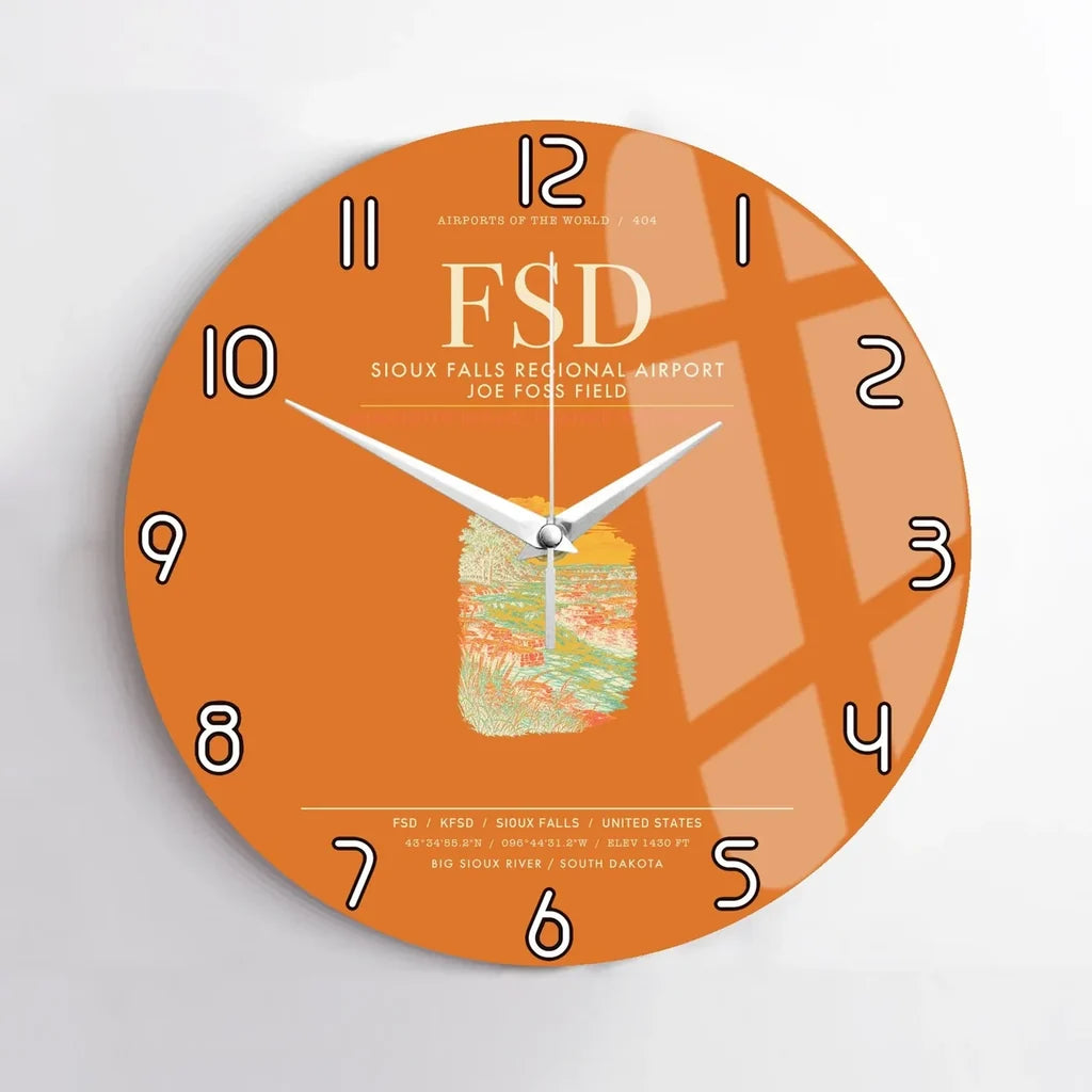 Sioux Falls Regional Airport Joe Foss Field (FSD) design on orange no frame wall clock