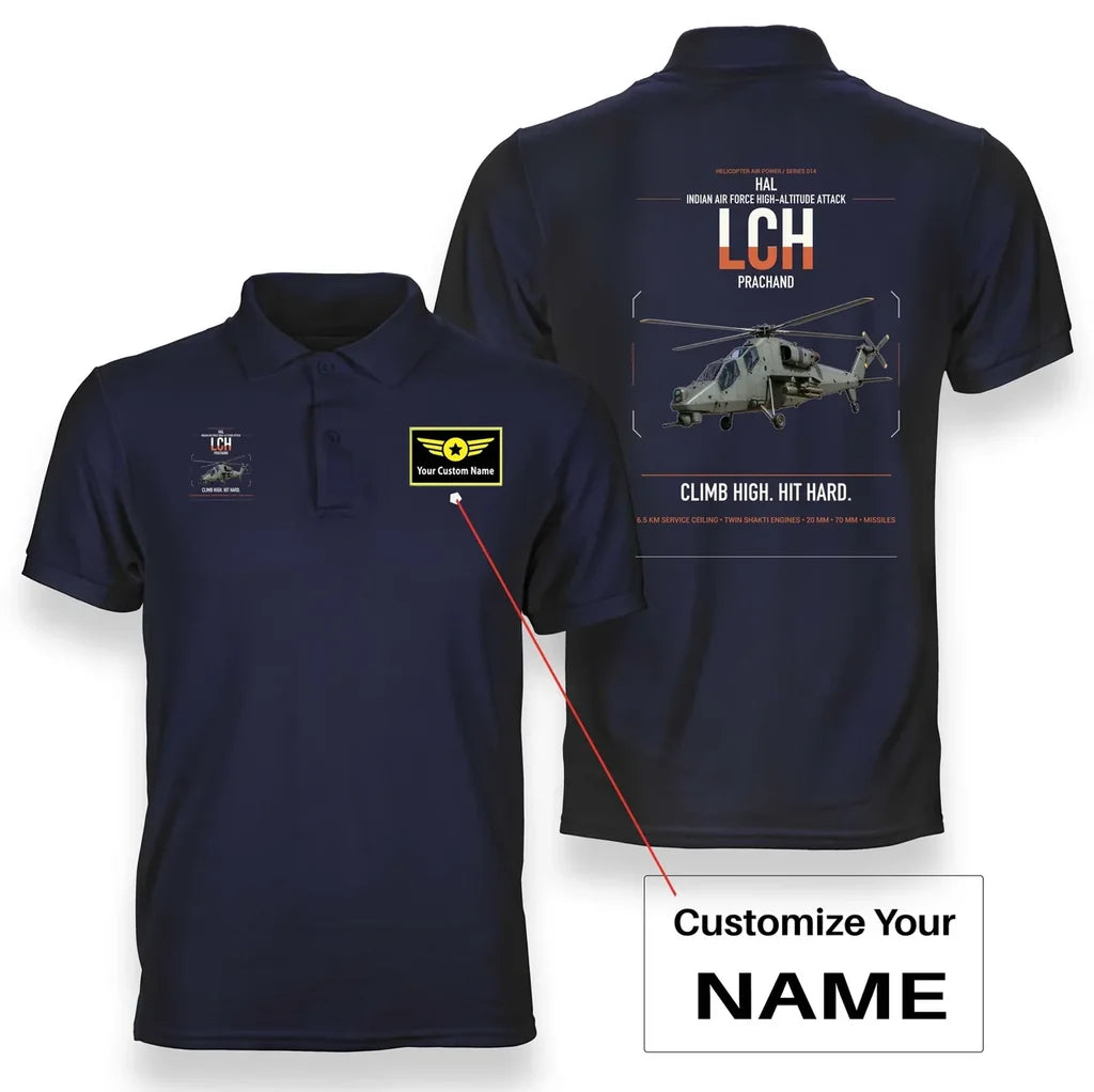HAL LCH Prachand design on navy blue+name double-side polo t-shirt, double-side print