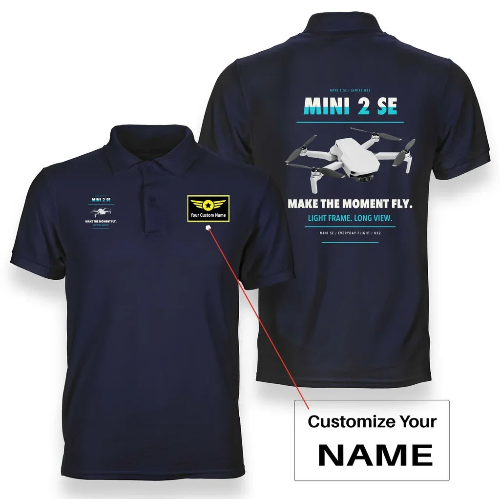 DJI Mini 2 SE design on navy blue polo with custom name badge