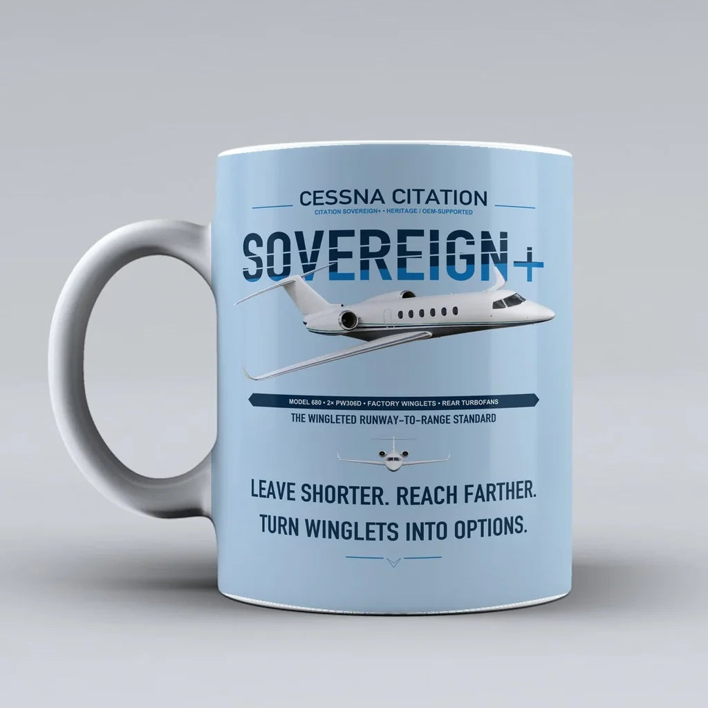 Cessna Citation Sovereign+ design on light blue ceramic mug, double-side print