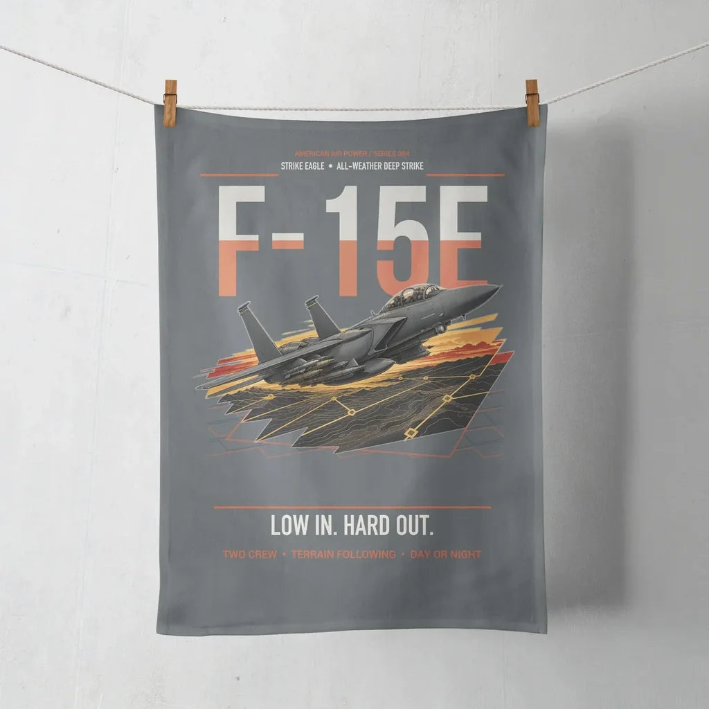 F-15E Strike Eagle design on gray towel