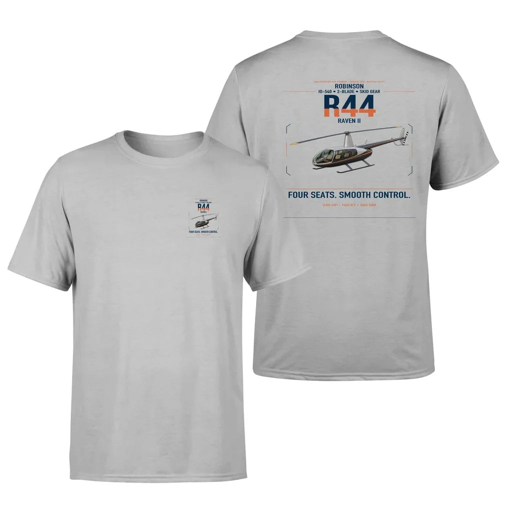 Robinson R44 Raven II design on light gray t-shirt, double-side print