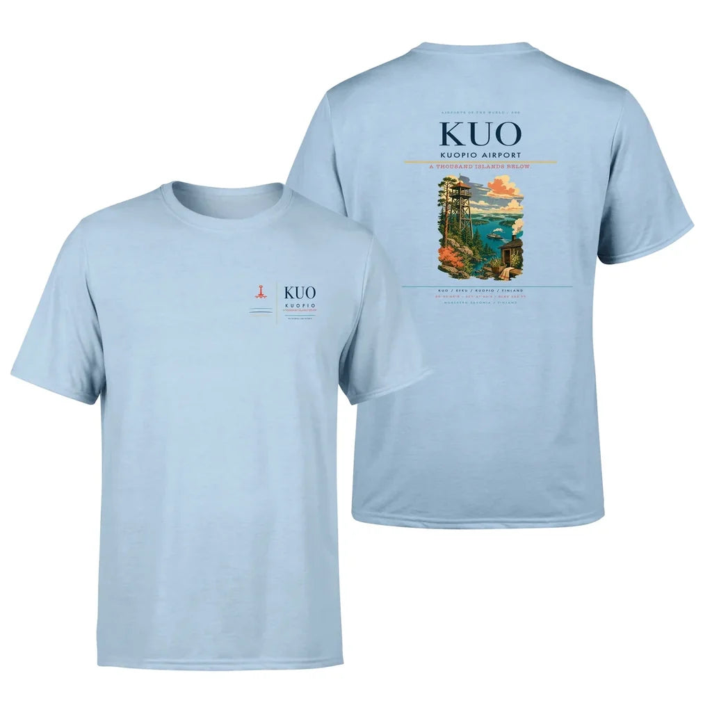 Kuopio Airport (KUO) design printed on light blue double-side t-shirt