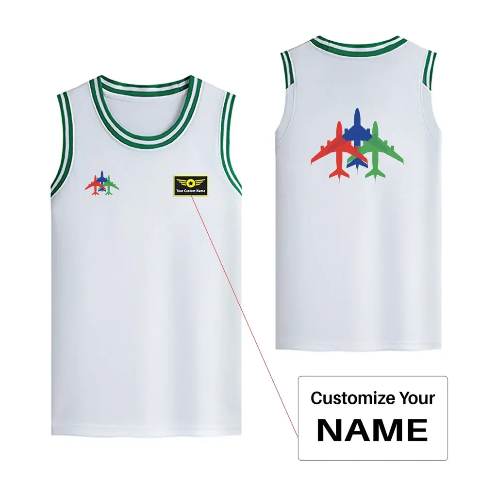 Colourful 3 Airplanes Designed Basketball Style Sports Tank Tops - view 11