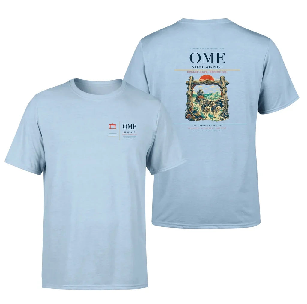 Nome Airport (OME) design printed on light blue double-side t-shirt