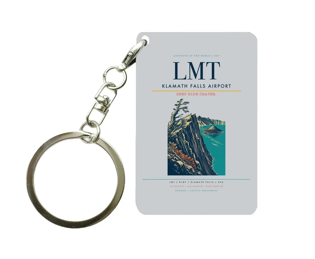 Klamath Falls Airport (LMT) design on light gray key chain