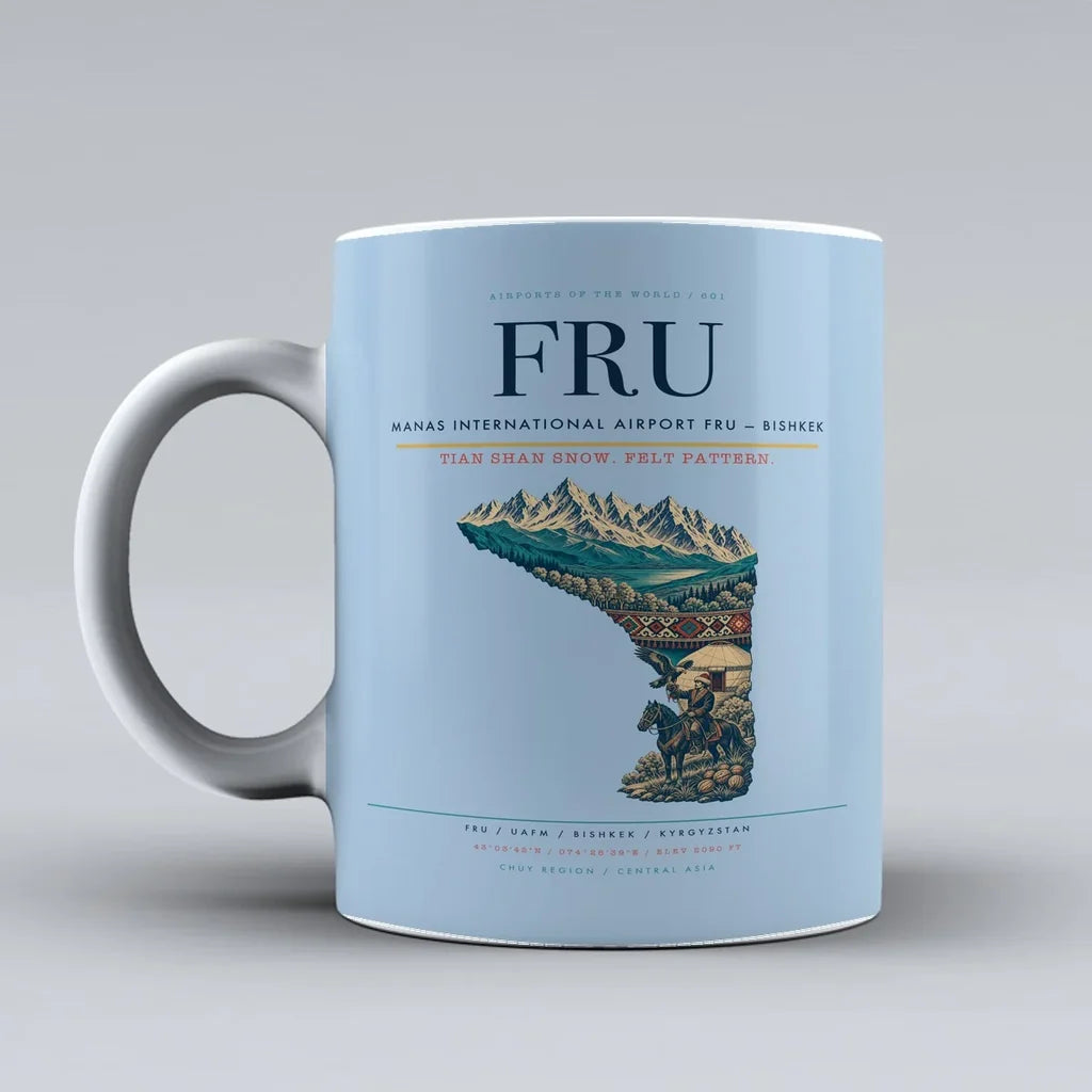 International Airport FRU — Bishkek Mug design on light blue manas