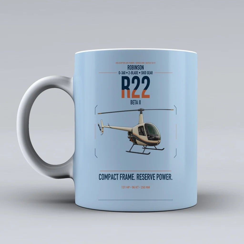 Robinson R22 Beta II design on light blue ceramic mug, double-side print