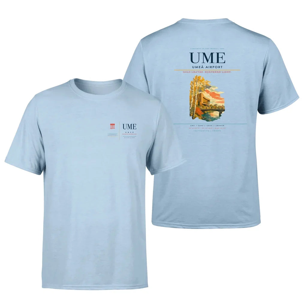 Umeå Airport (UME) design printed on light blue double-side t-shirt