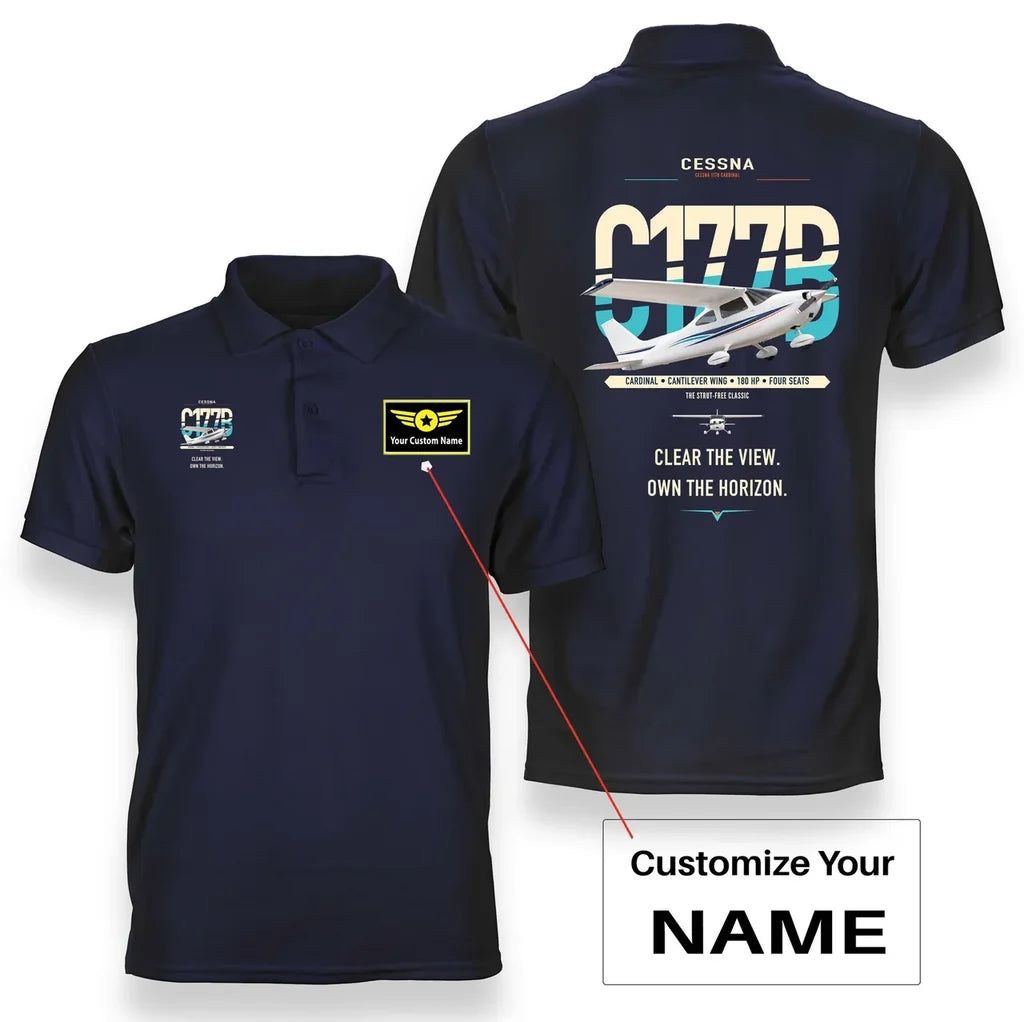 Cessna 177B Cardinal design on navy blue+name double-side polo t-shirt, double-side print