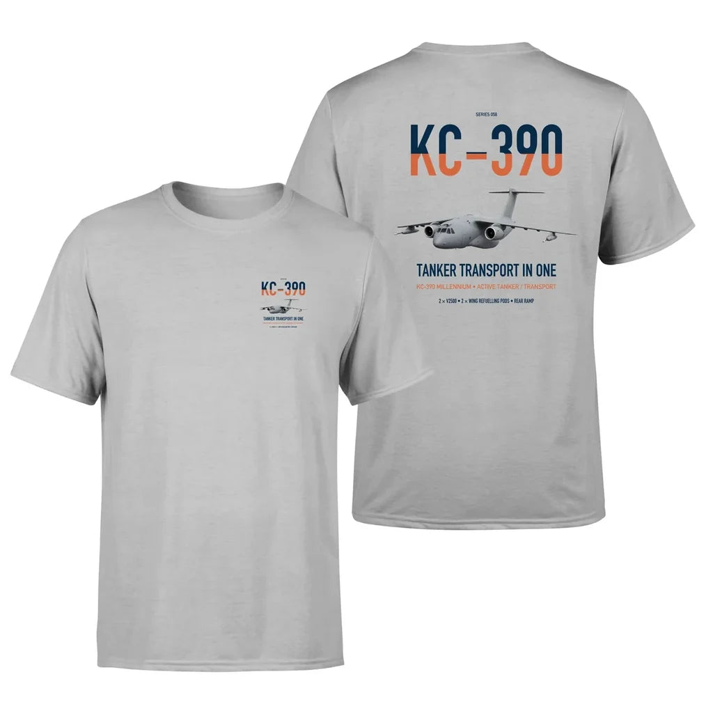 Embraer KC-390 Millennium design on light gray double-side t-shirt, double-side print