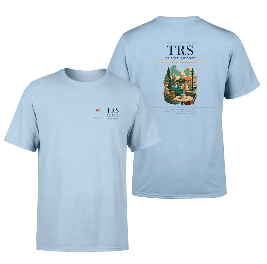 Trieste Airport (TRS) design printed on light blue double-side t-shirt