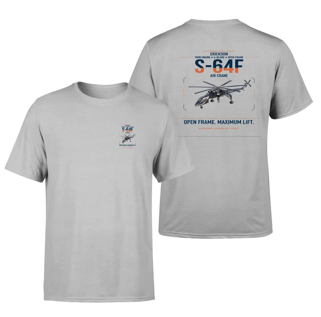 Erickson S-64F Air Crane design on light gray t-shirt, double-side print