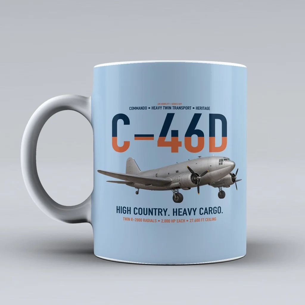 C-46D Commando design on light blue ceramic mug, double-side print