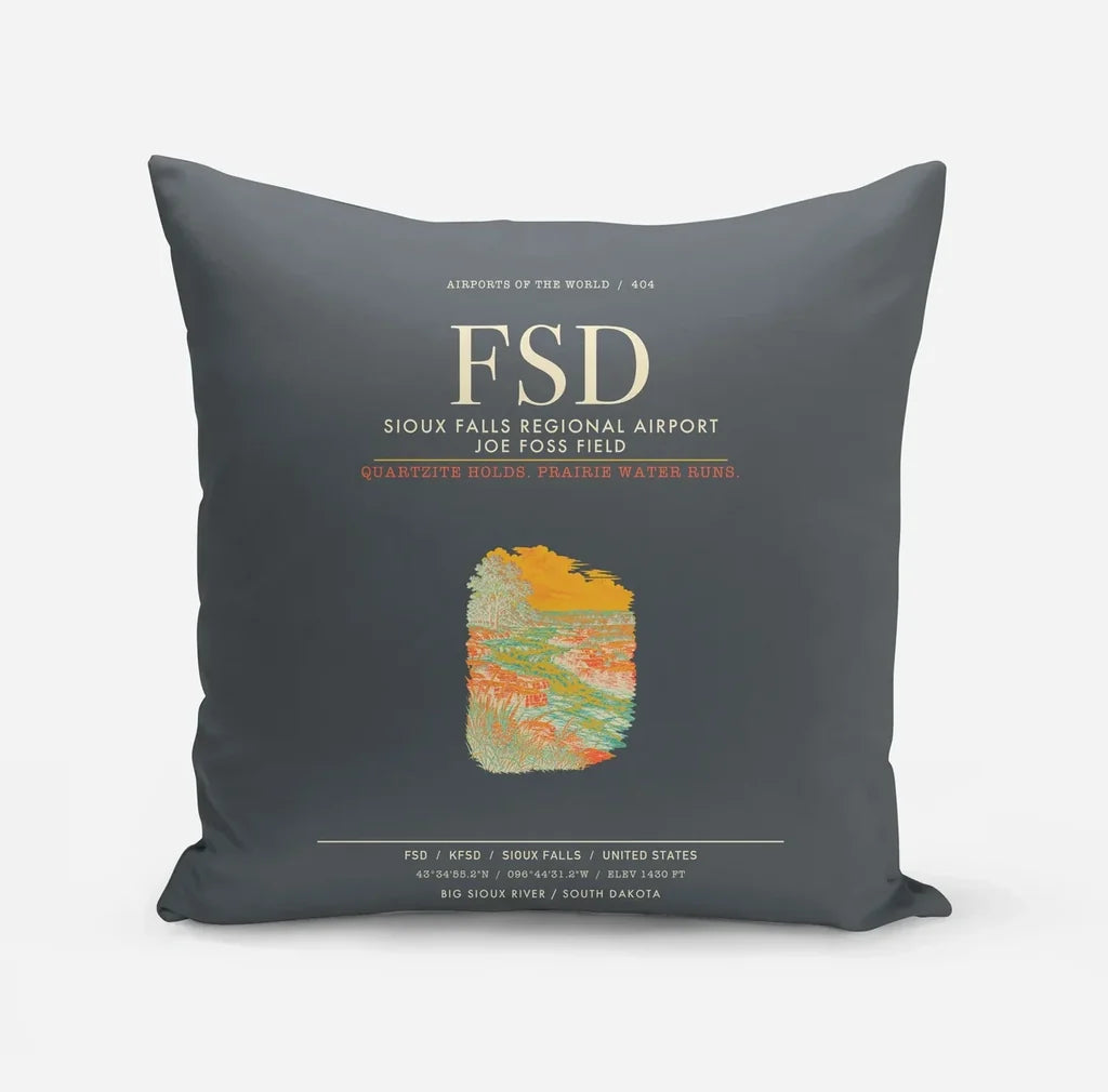 Sioux Falls Regional Airport Joe Foss Field (FSD) design on gray pillow