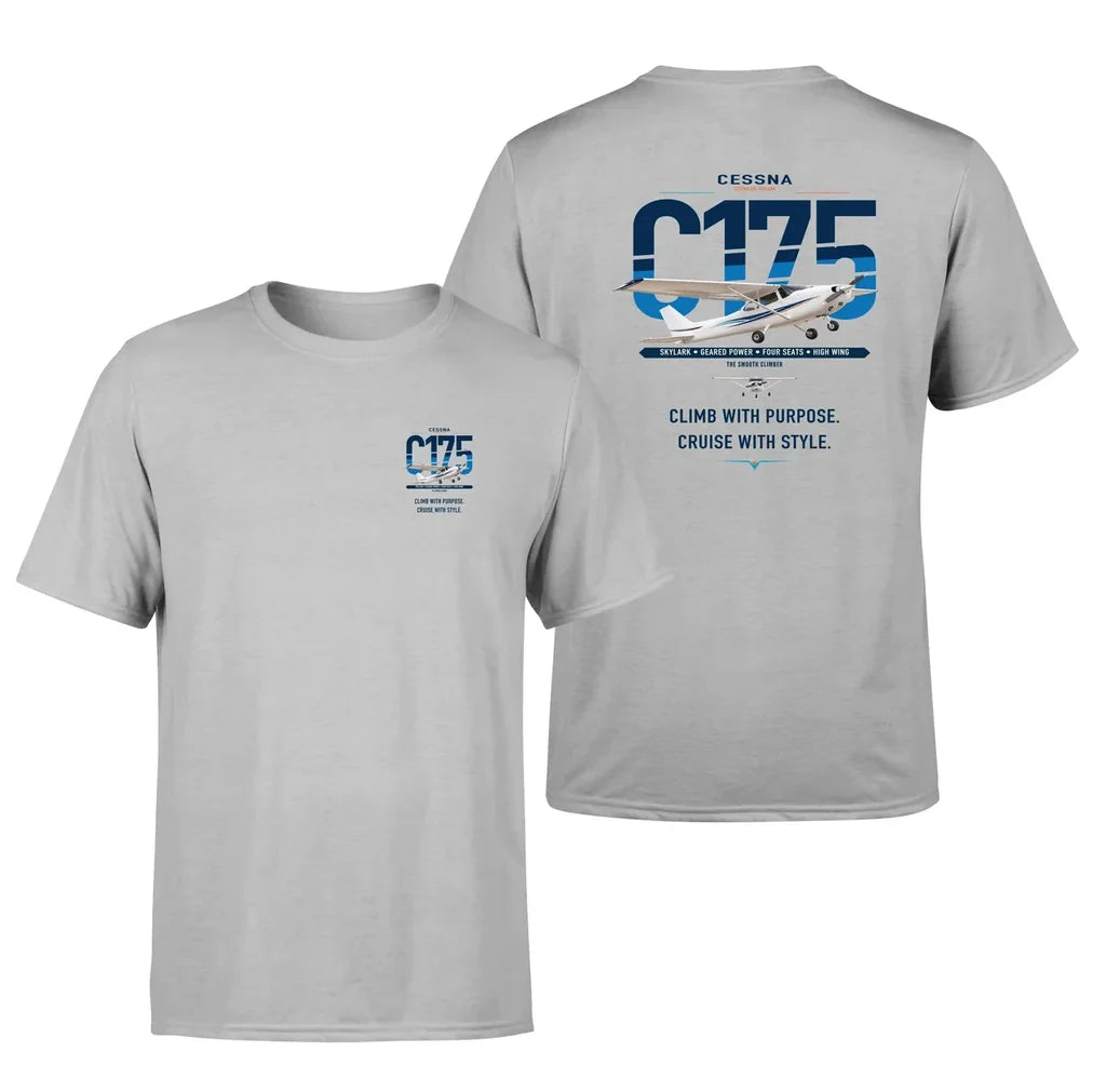 Cessna 175 Skylark design on light gray t-shirt, double-side print