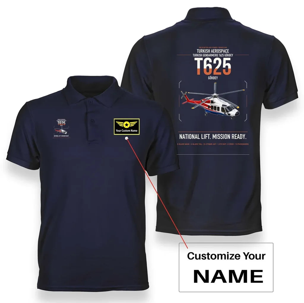 Turkish Aerospace T625 Gökbey design on navy blue+name double-side polo t-shirt, double-side print