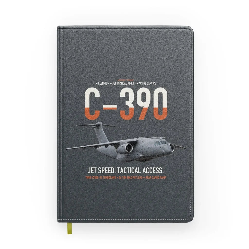 C-390 Millennium design on gray notebook