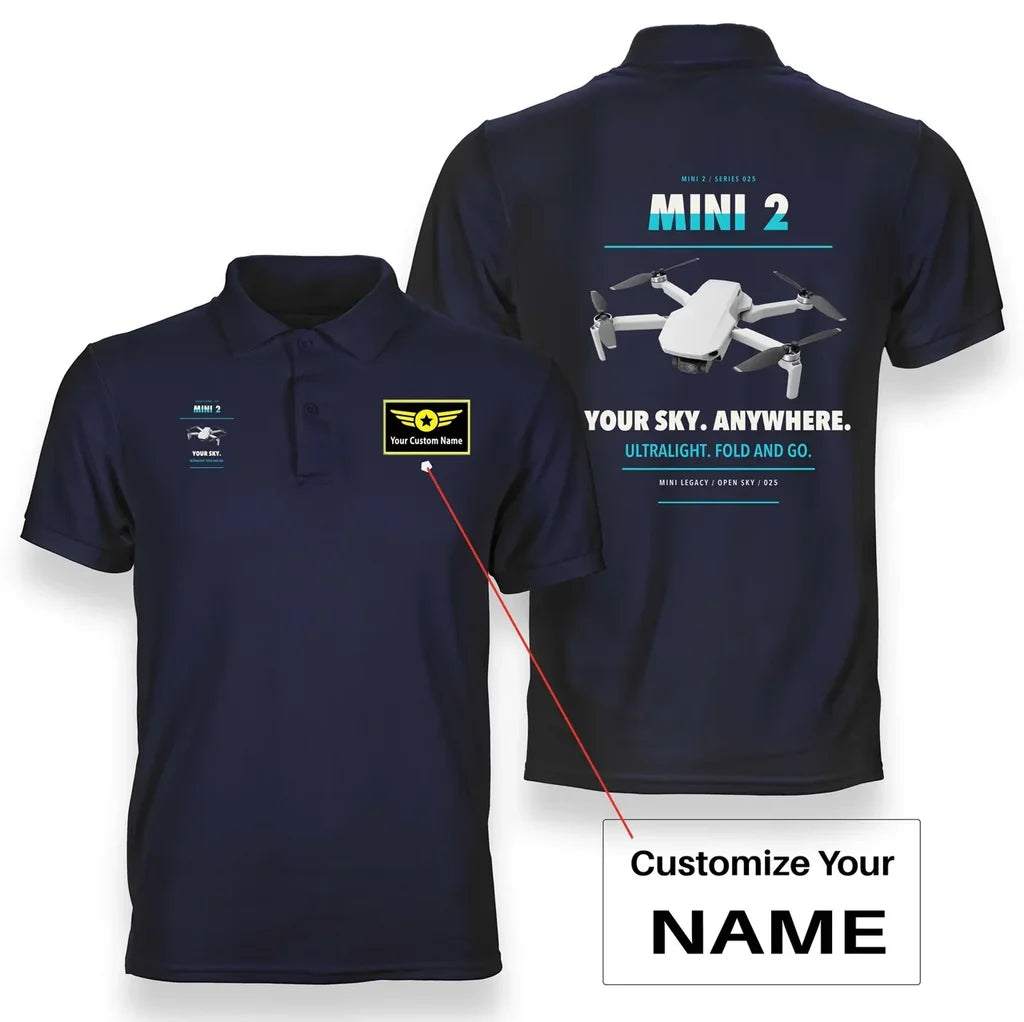 DJI Mini 2 design on navy blue polo with custom name badge
