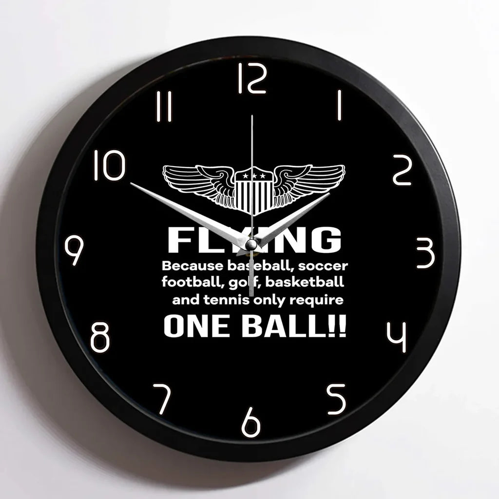 Flying One Ball aviation design on premium wood and metal wall clock.