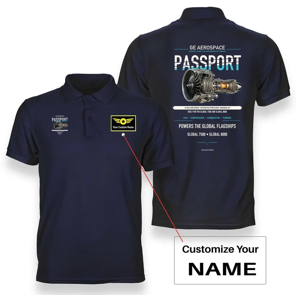 PASSPORT design on navy blue polo with custom name badge