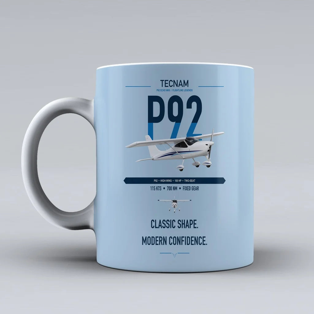 Tecnam P92 Echo MkII design on light blue ceramic mug, double-side print
