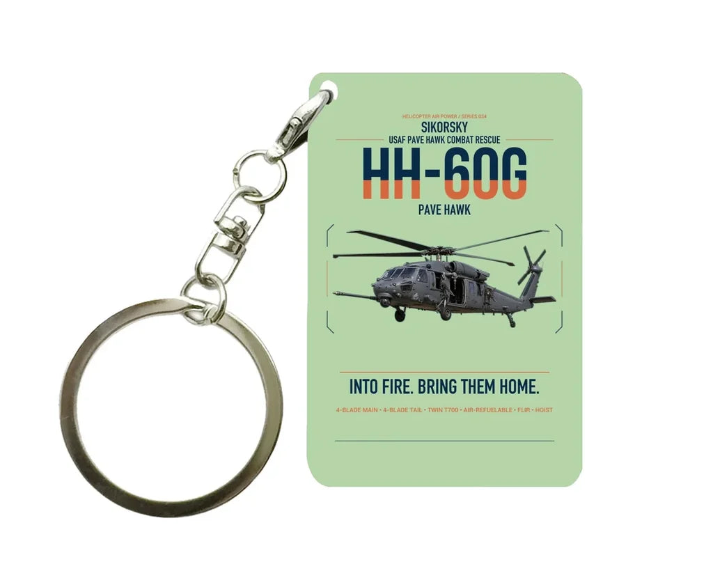 Sikorsky HH-60G Pave Hawk design on light green designed key chain, double-side print